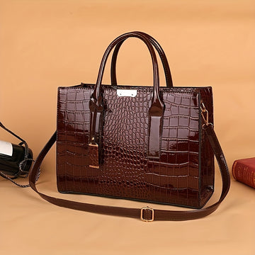 Crocodile Embossed Handbag - Women's Solid Color Shoulder Bag