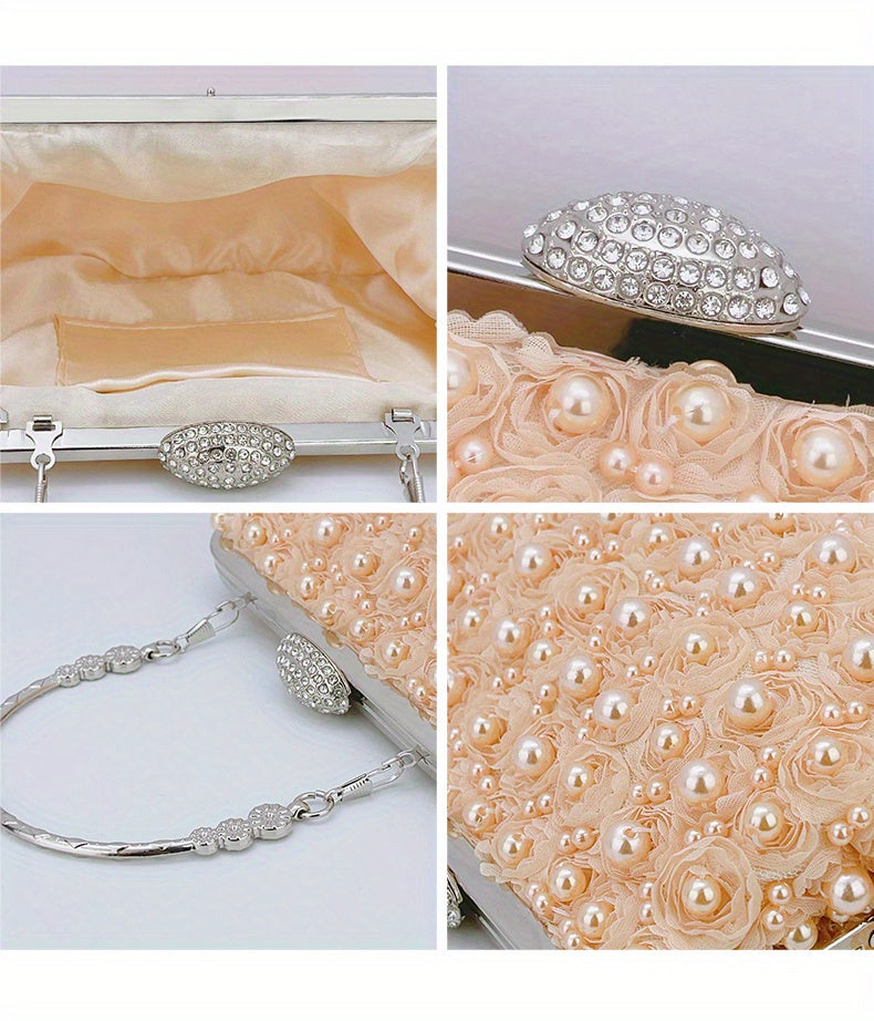 Luxurious Faux Pearl Evening Clutch Bag - 3D Flower Embellished, Top Ring Design, Wedding Bridal Prom Banquet Purse with Elegant Look and Compact Size