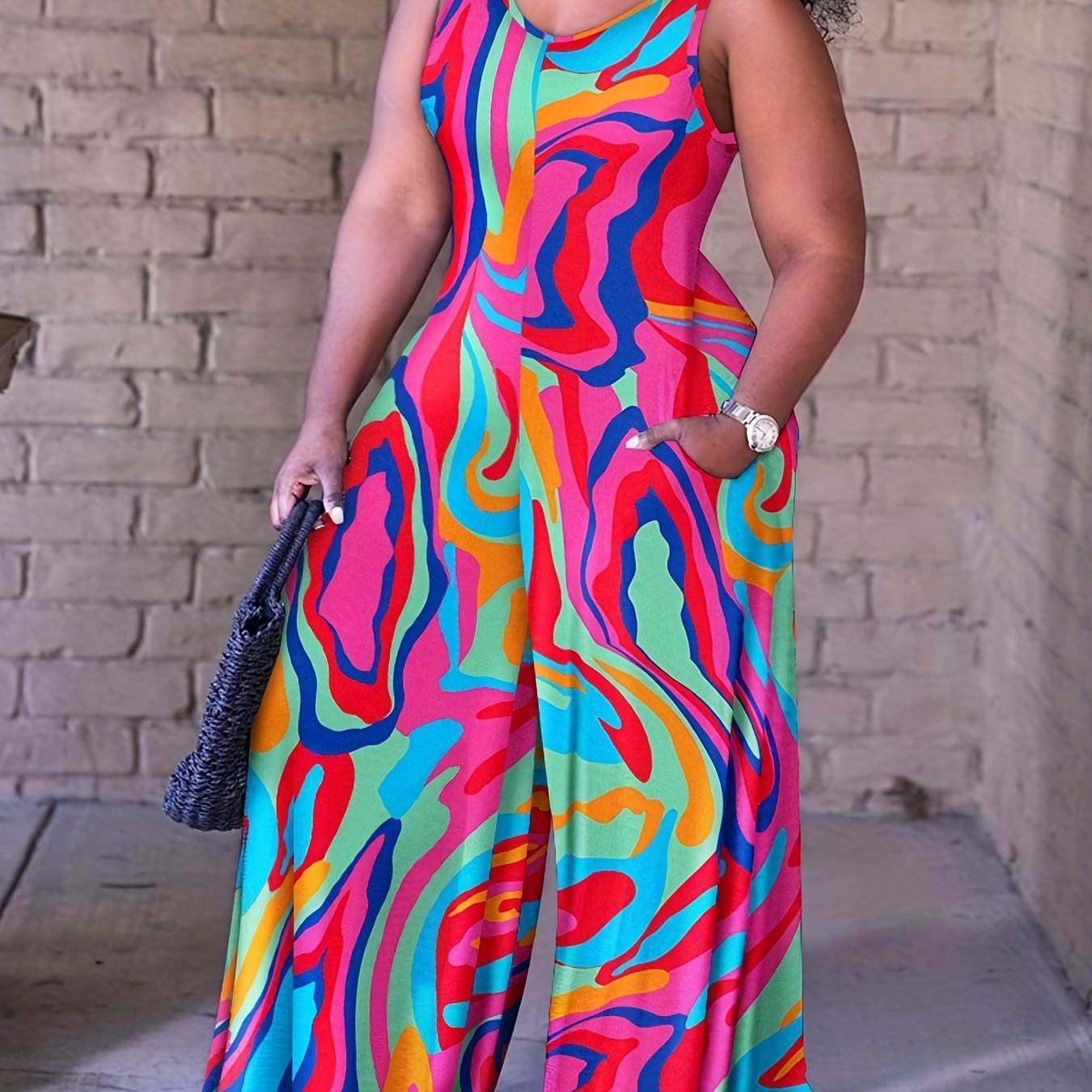 Romantic Baroque Floral Jumpsuit - Bohemian Chic Crew Neck Sleeveless - Wide Leg Womens Fashion Must-Have