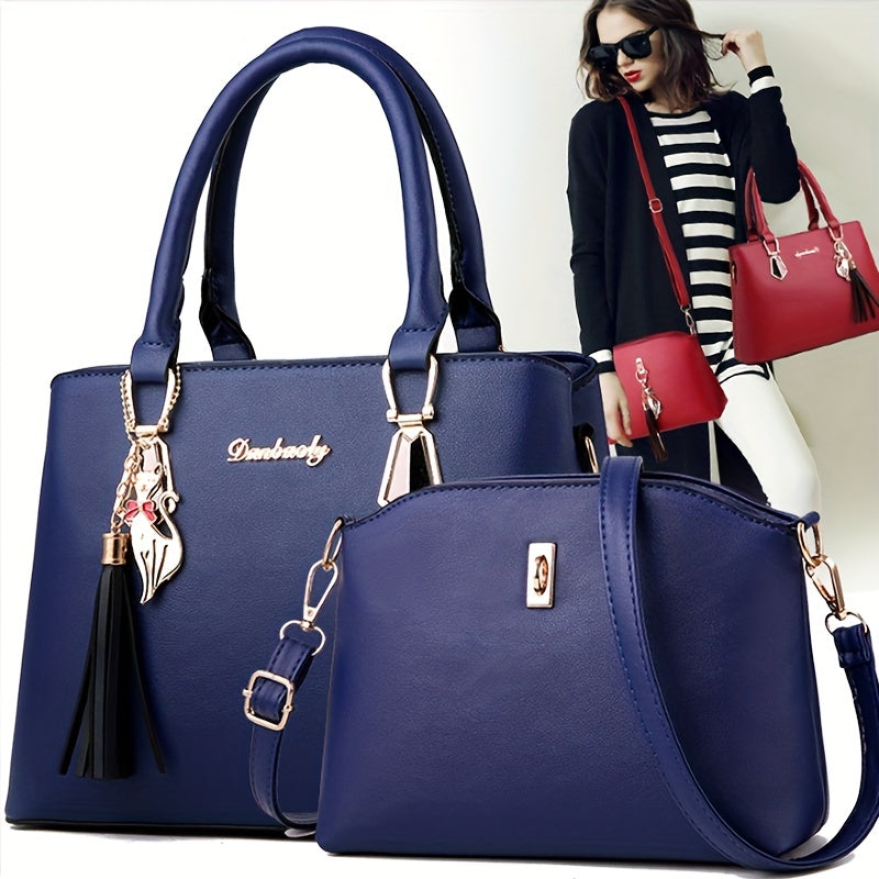 2pc Solid Color Trendy Shoulder Bag, Faux Leather Versatile Handle Handbagbag, Large Capacity Zipper Stylish Crossbody Bag