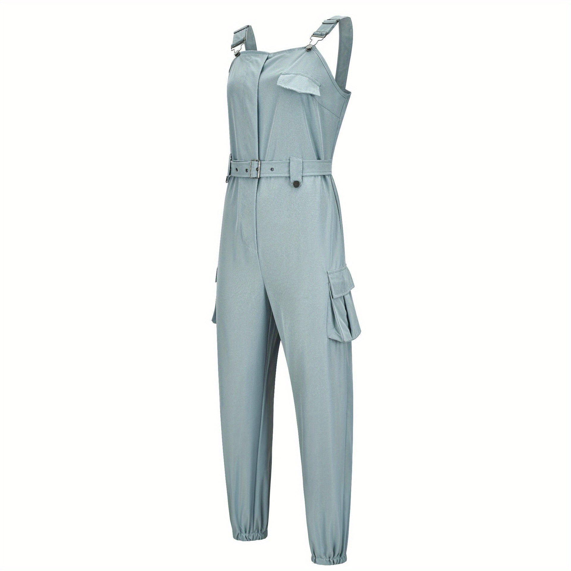 Flap Pockets Belted Overall Jumpsuit, Casual Overall Jumpsuit For Spring & Summer, Women's Clothing