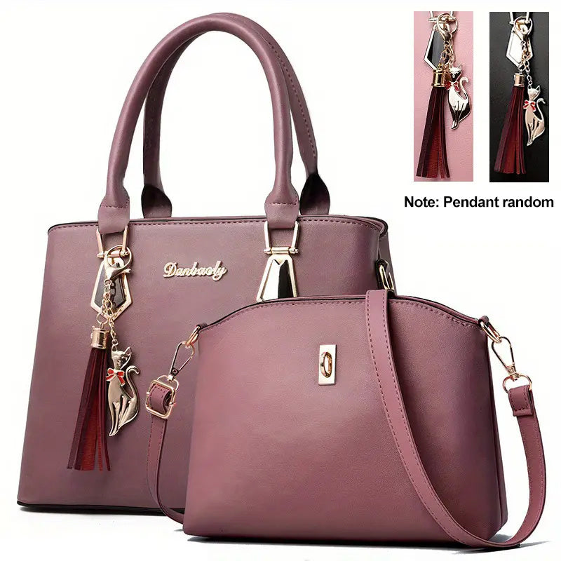 2pc Solid Color Trendy Shoulder Bag, Faux Leather Versatile Handle Handbagbag, Large Capacity Zipper Stylish Crossbody Bag