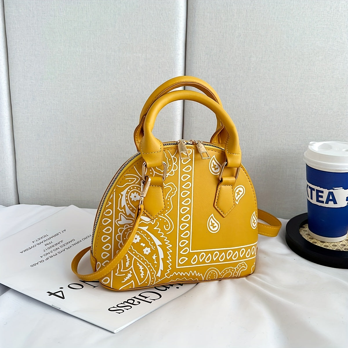 Versatile Dome Shoulder Bag, Portable Double Handle Stylish Handbag, Zipper Faux Leather Trendy Crossbody Bag