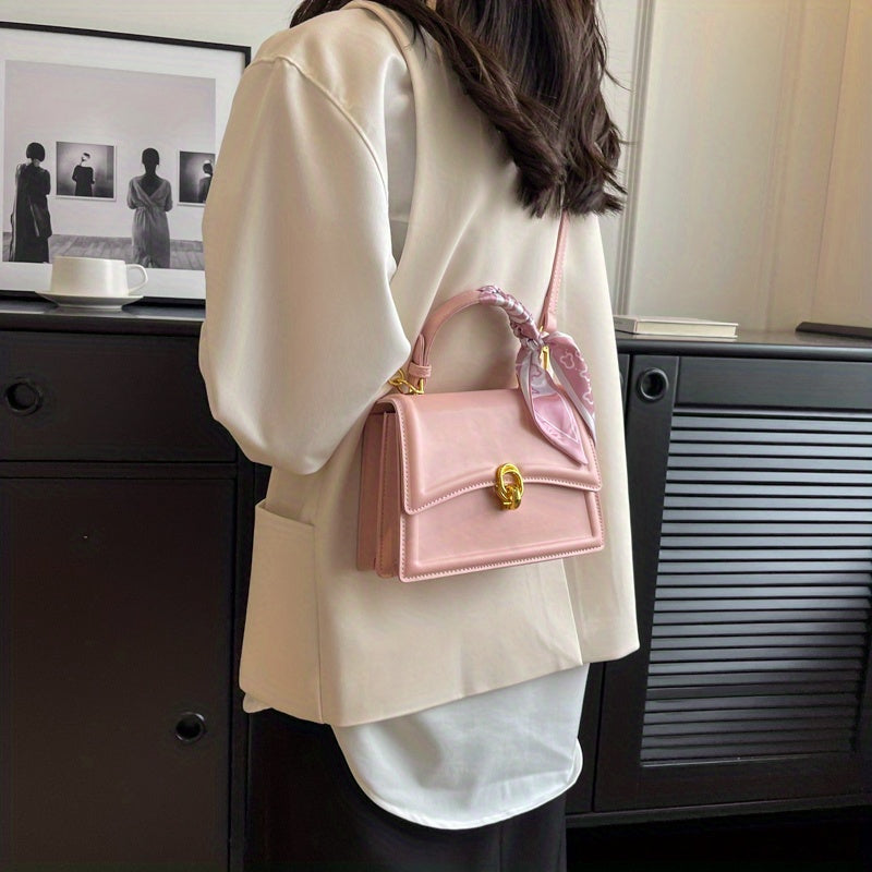 Handbag, Trendy Scarf Decor Crossbody Bag, Women's Small PU Leather Flap Purse