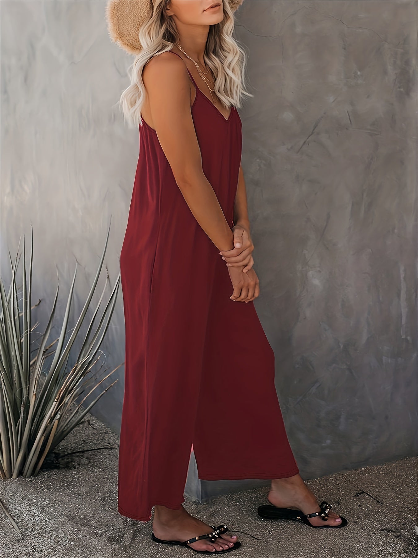 Women'S Light Blue Sleeveless Jumpsuit with Pockets - Casual Polyester Knit Fabric, V-Neck, Summer 2023, Beach Coverup, Beach Coverup Jumpsuit | Casual Style Jumpsuit | Knit Construction