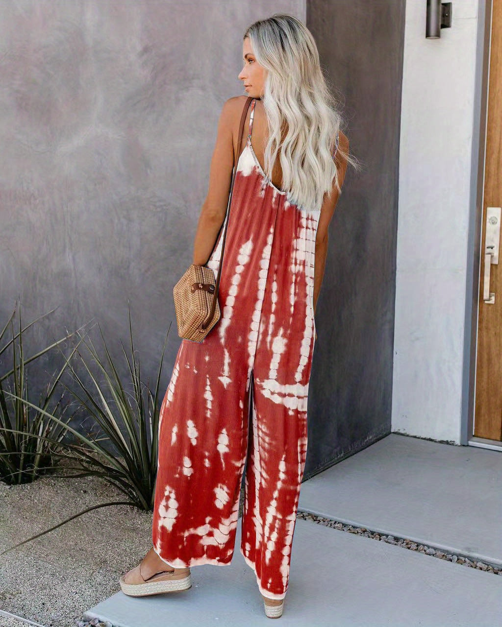 Women's Casual Tie-Dye Cami Jumpsuit - Sexy Wide Leg, Sleeveless, Vibrant Orange and Brown Print, Perfect for Spring/Summer/Fall
