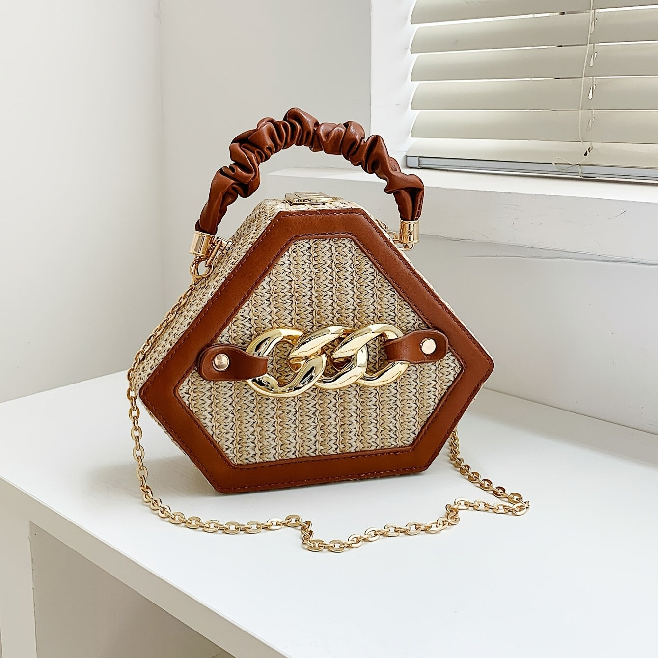 Trendy Chain Handbag, Fashion Top Handle Straw Box Bag, Women's Vacation Style Purse