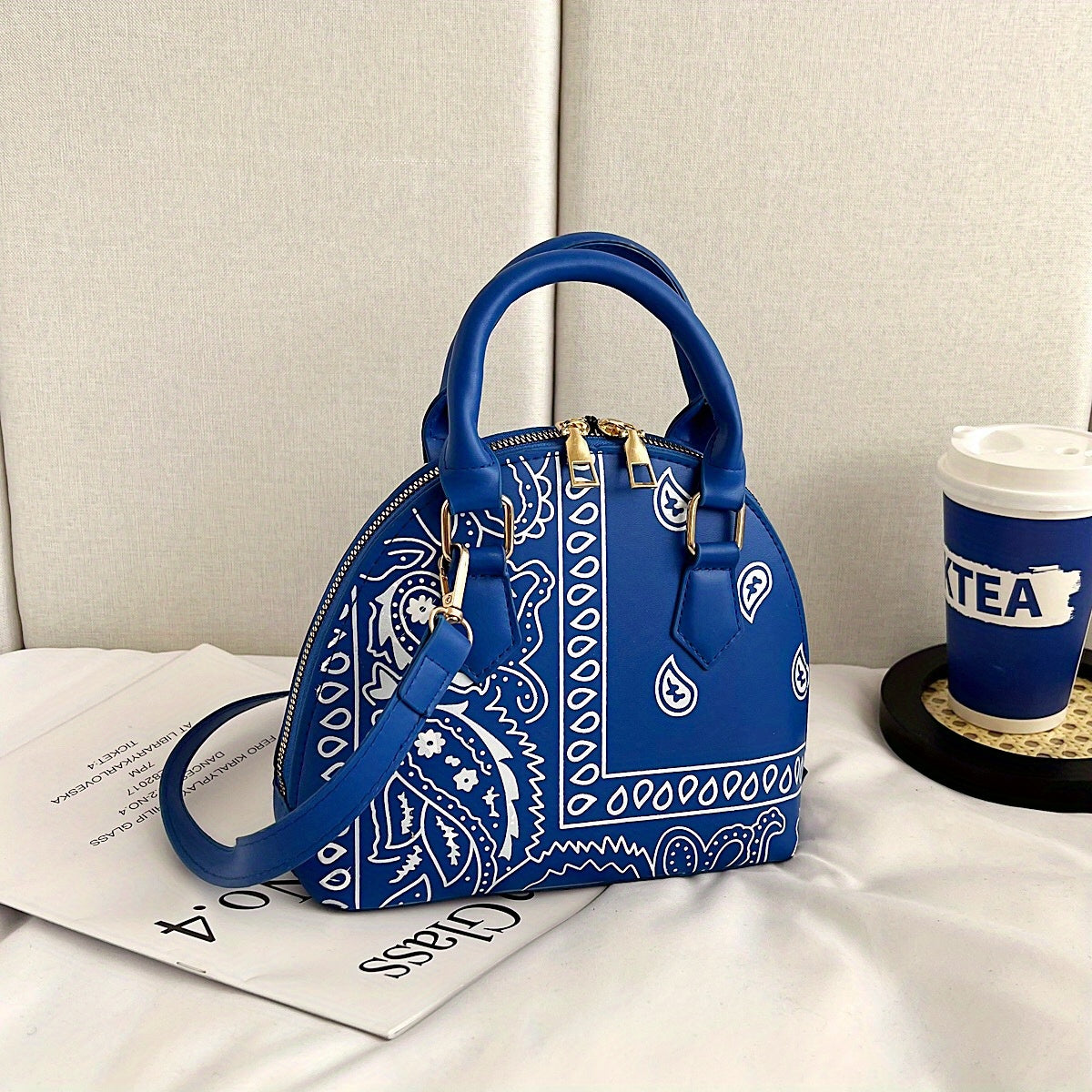Versatile Dome Shoulder Bag, Portable Double Handle Stylish Handbag, Zipper Faux Leather Trendy Crossbody Bag