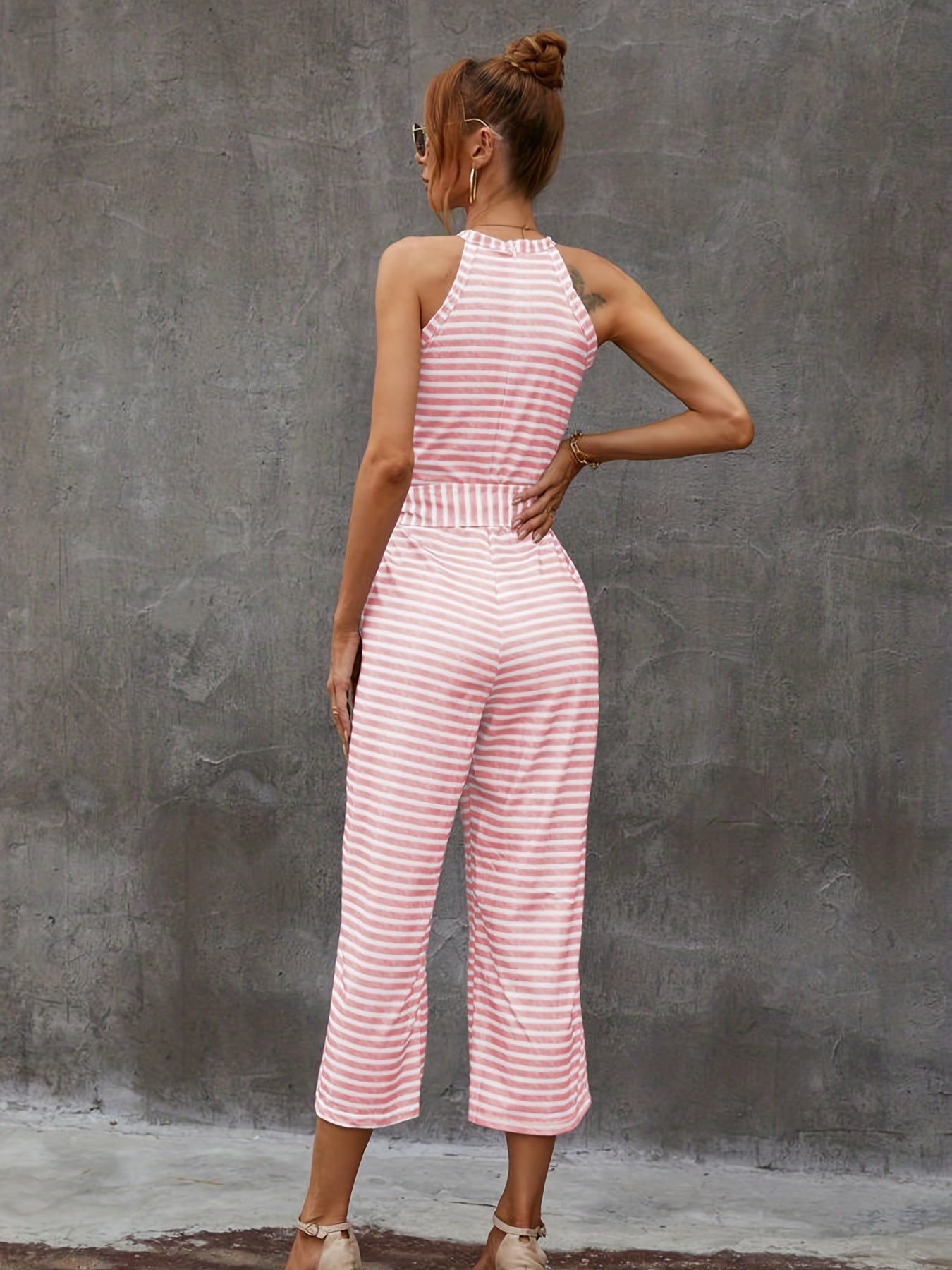 Elegant Striped Midi Jumpsuit with Tie Belt | Sleeveless Wide-Leg Design for Summer Chic | Durable & Easy-Care Knit