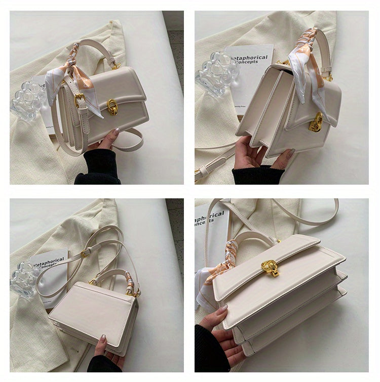 Handbag, Trendy Scarf Decor Crossbody Bag, Women's Small PU Leather Flap Purse