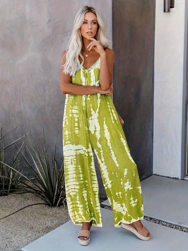 Women's Casual Tie-Dye Cami Jumpsuit - Sexy Wide Leg, Sleeveless, Vibrant Orange and Brown Print, Perfect for Spring/Summer/Fall