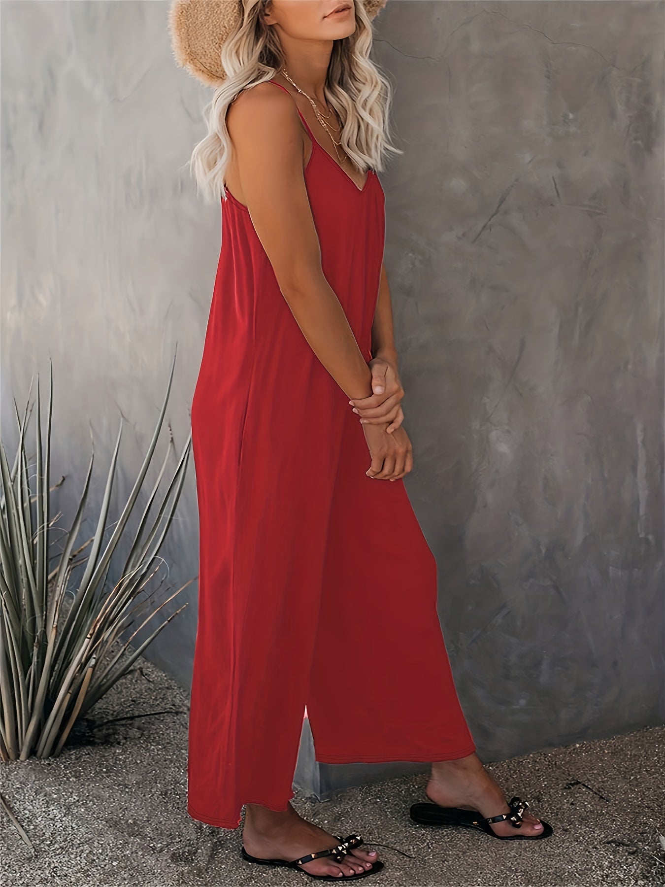 Women'S Light Blue Sleeveless Jumpsuit with Pockets - Casual Polyester Knit Fabric, V-Neck, Summer 2023, Beach Coverup, Beach Coverup Jumpsuit | Casual Style Jumpsuit | Knit Construction