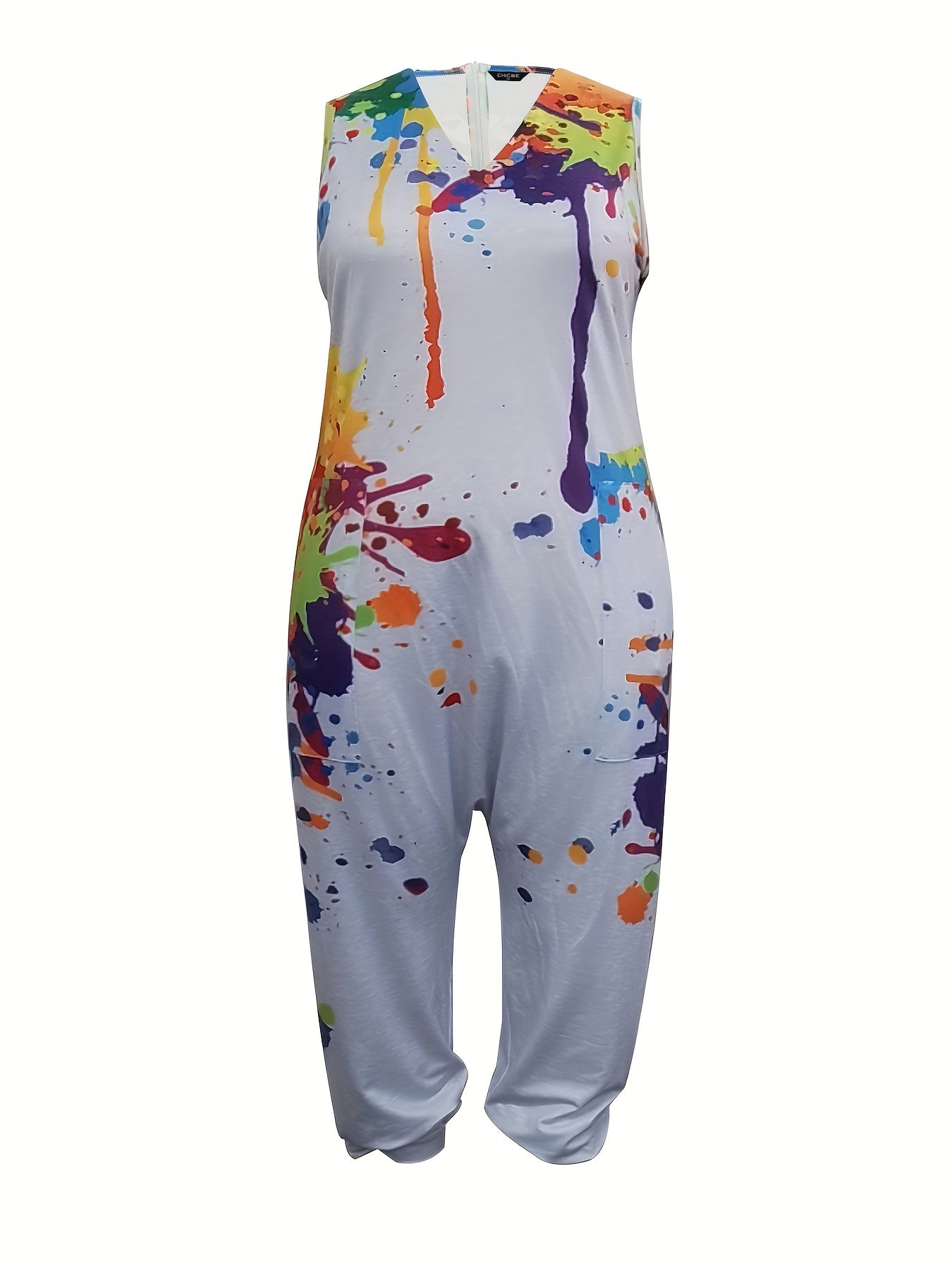 Women's Plus Size Splatter Print Jumpsuit with V-Neck and Convenient Pockets