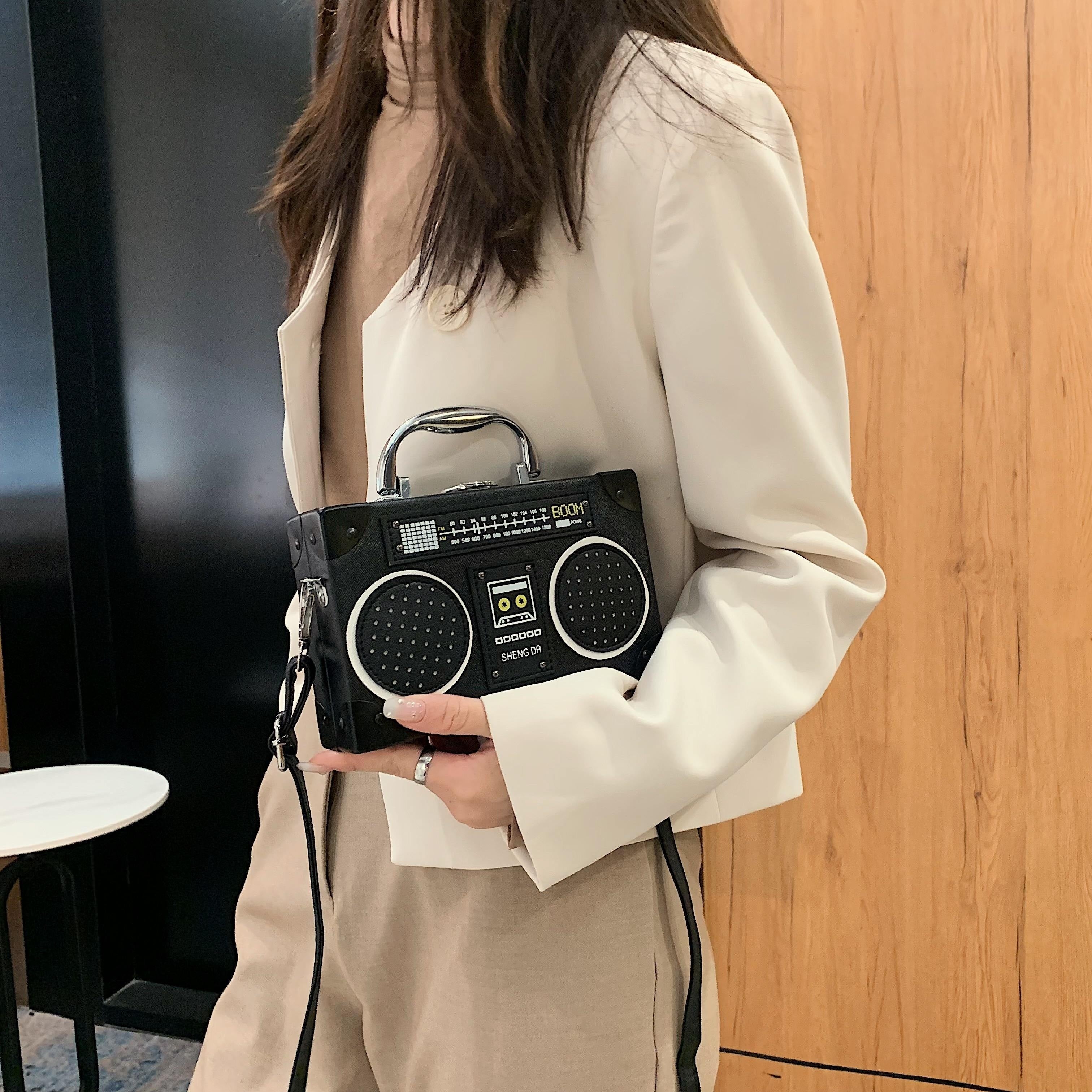 Mini Radio Box Crossbody Bag, PU Leather Textured Novelty Bag, Versatile Fashion Shoulder Bag