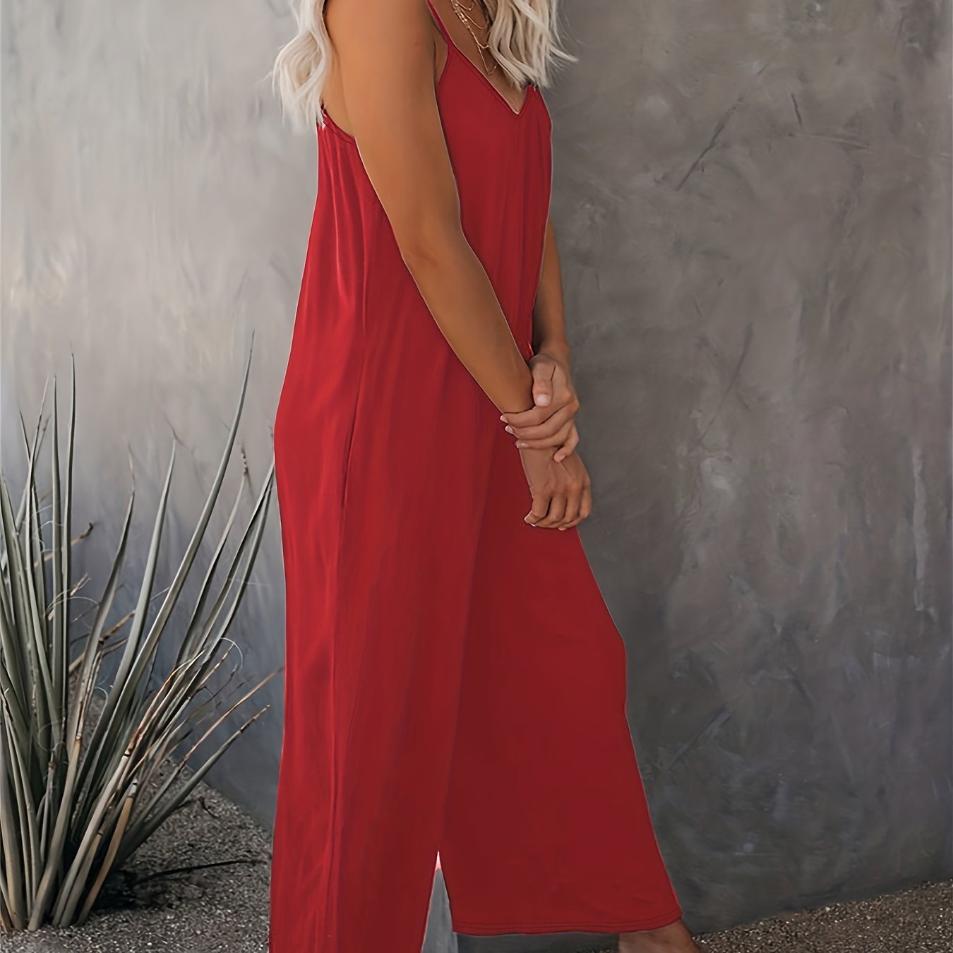 Women'S Light Blue Sleeveless Jumpsuit with Pockets - Casual Polyester Knit Fabric, V-Neck, Summer 2023, Beach Coverup, Beach Coverup Jumpsuit | Casual Style Jumpsuit | Knit Construction