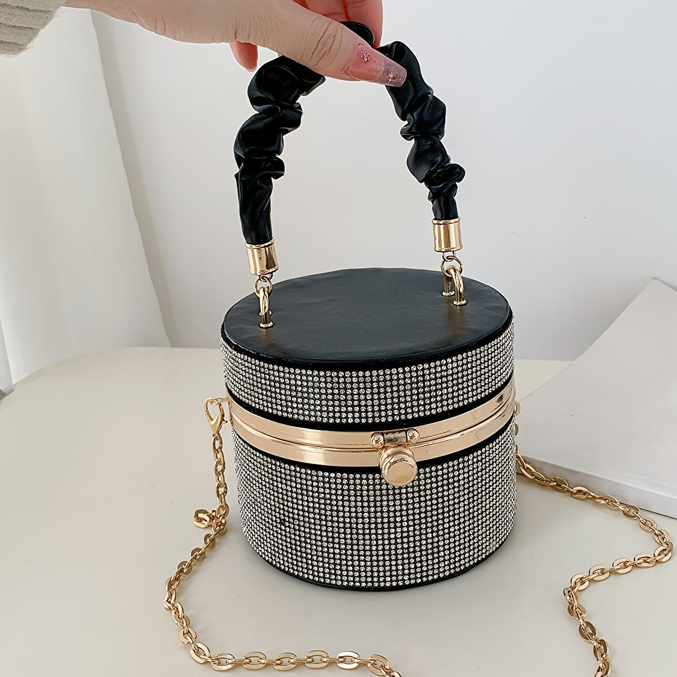 Mini Allover Rhinestone Handbag, Ruched Detail Evening Bucket Bag, Stylish Chain Shoulder Purse For Party Inch - Rhinestone & Chain Detail - Perfect for Evening Events & Parties - Ideal Gift for Women -  For Car