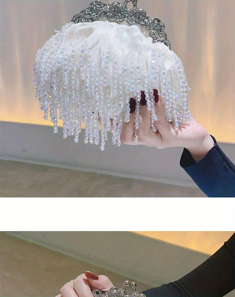 Beaded Crystal Evening Bag For Women, Tassel Decor Kiss Lock Clutch Purse, Elegant Satin Handbags For Wedding Prom Party