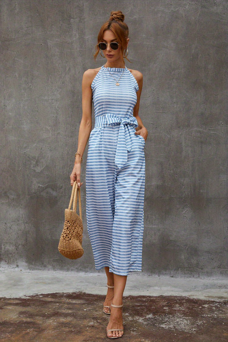 Elegant Striped Midi Jumpsuit with Tie Belt | Sleeveless Wide-Leg Design for Summer Chic | Durable & Easy-Care Knit