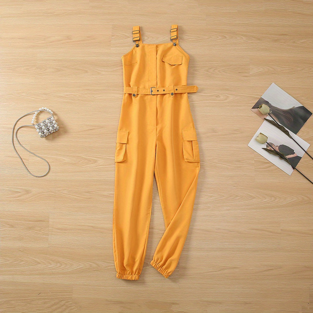 Flap Pockets Belted Overall Jumpsuit, Casual Overall Jumpsuit For Spring & Summer, Women's Clothing