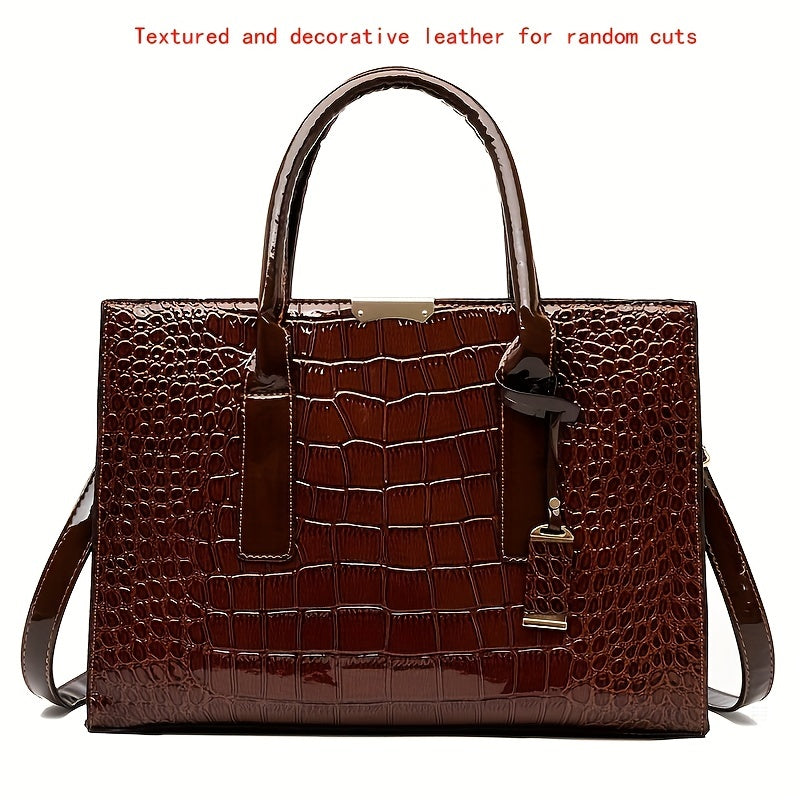 Crocodile Embossed Handbag - Women's Solid Color Shoulder Bag