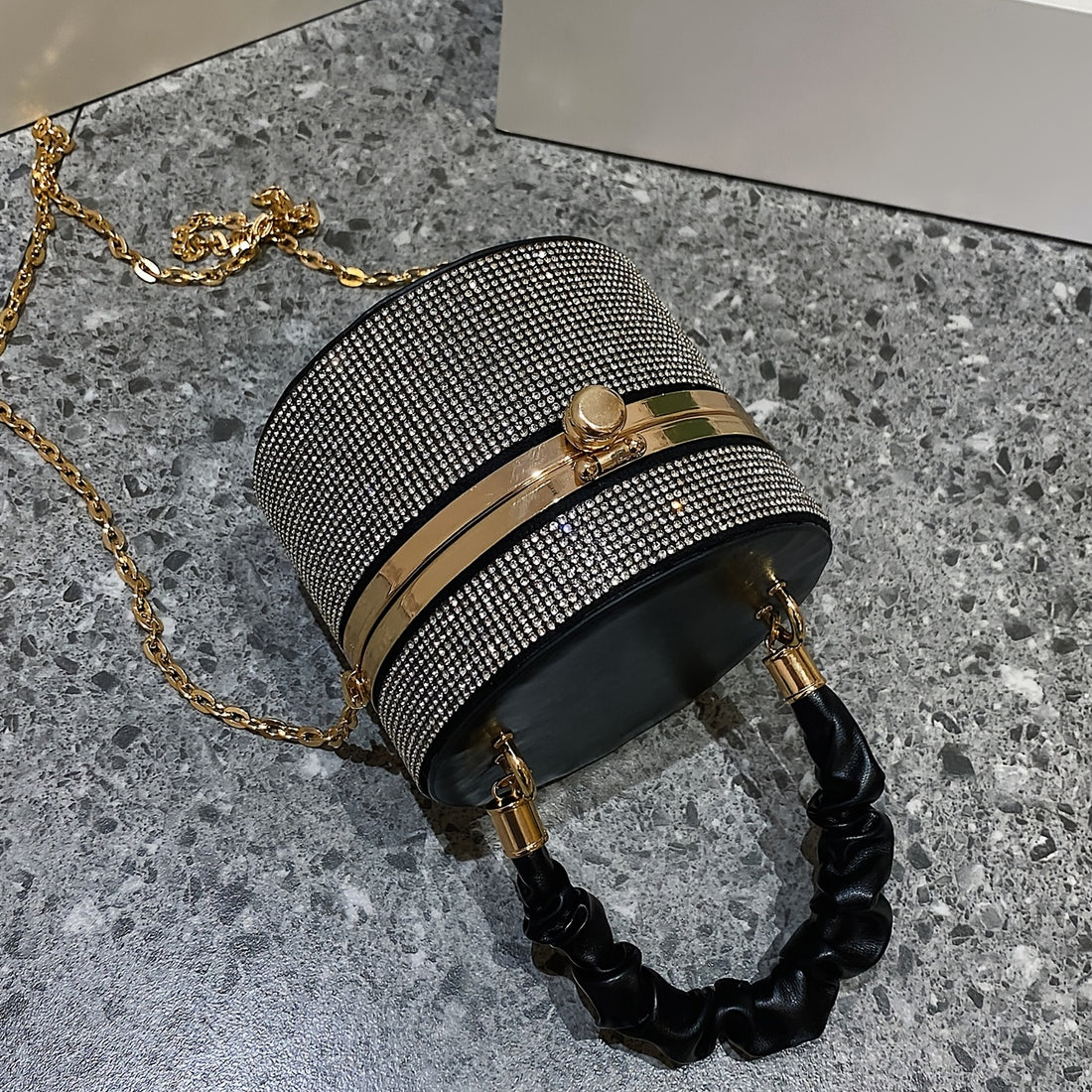 Mini Allover Rhinestone Handbag, Ruched Detail Evening Bucket Bag, Stylish Chain Shoulder Purse For Party Inch - Rhinestone & Chain Detail - Perfect for Evening Events & Parties - Ideal Gift for Women -  For Car