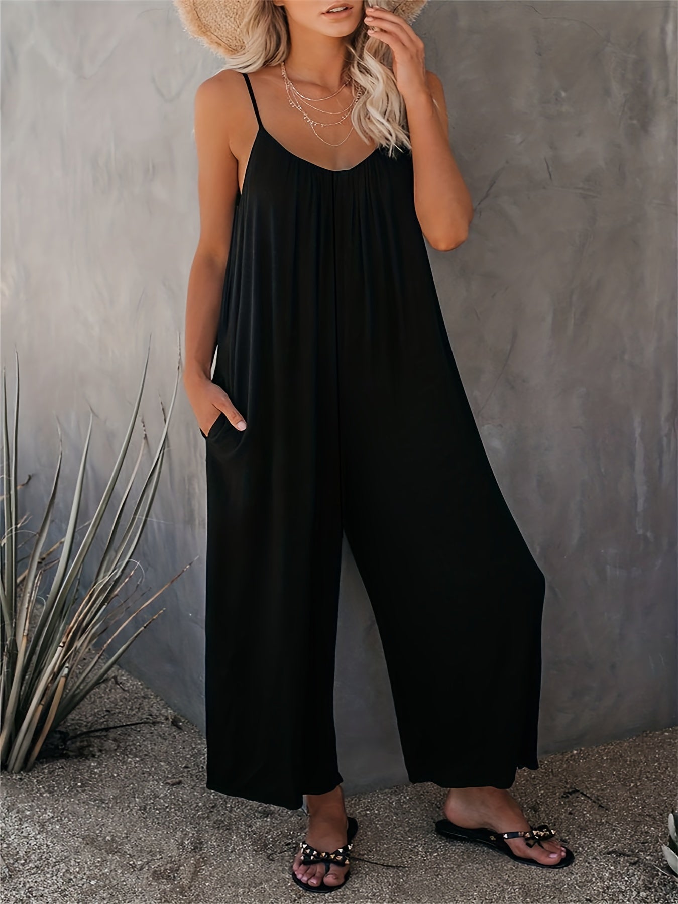 Women'S Light Blue Sleeveless Jumpsuit with Pockets - Casual Polyester Knit Fabric, V-Neck, Summer 2023, Beach Coverup, Beach Coverup Jumpsuit | Casual Style Jumpsuit | Knit Construction