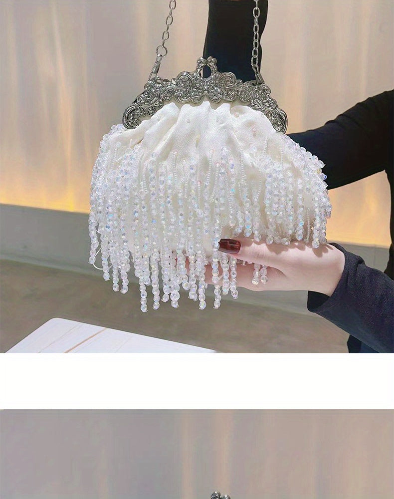 Beaded Crystal Evening Bag For Women, Tassel Decor Kiss Lock Clutch Purse, Elegant Satin Handbags For Wedding Prom Party