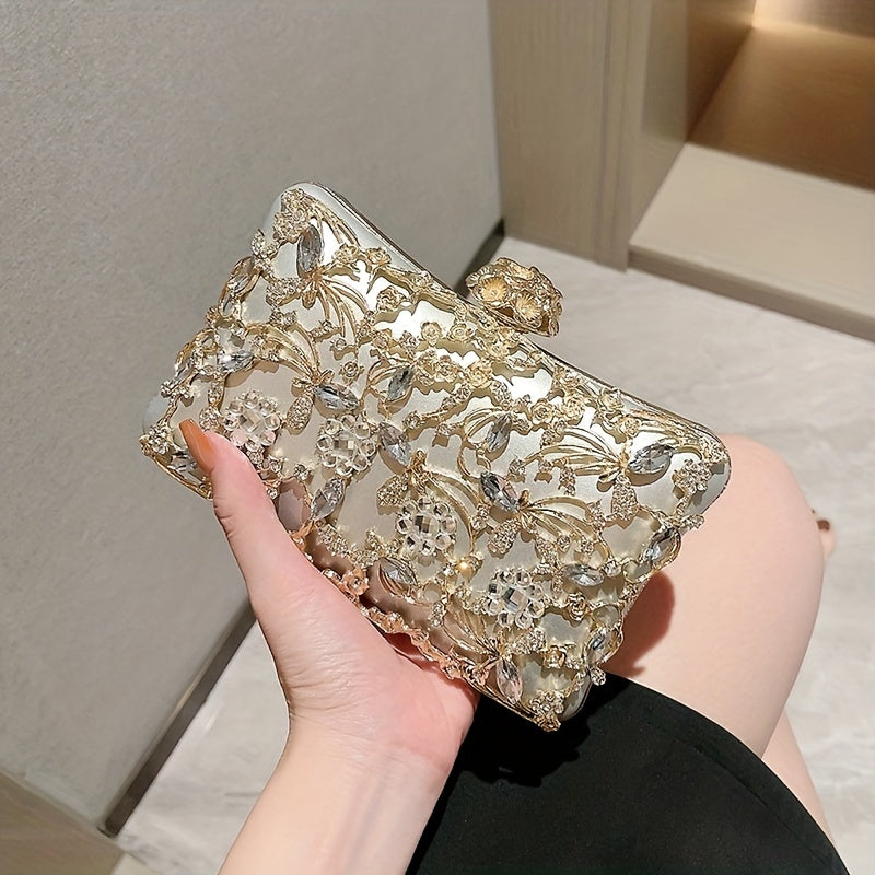 Elegant Hollow Rhinestone Women's Evening Bag, Box Clutch Purse for Party Prom Wedding