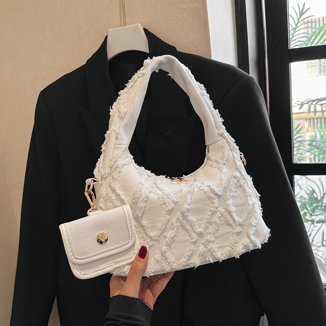 Bag - Fashion Forward Shoulder Tote with Quilted Argyle Pattern & Detachable Coin Purse - Perfect Underarm Stylish Accessory