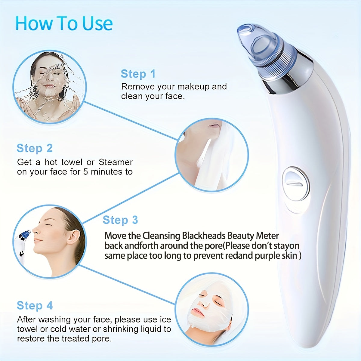 GENAI Blackhead clean Beauty Meter - Portable Facial Pore Cleaner with 4 Probes, Gentle and Safe Cleansing for Men and Women, Battery-Operated (Batteries Not Included)
