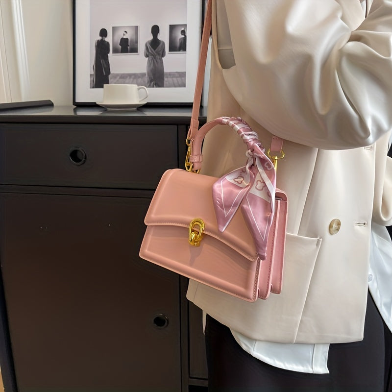 Handbag, Trendy Scarf Decor Crossbody Bag, Women's Small PU Leather Flap Purse