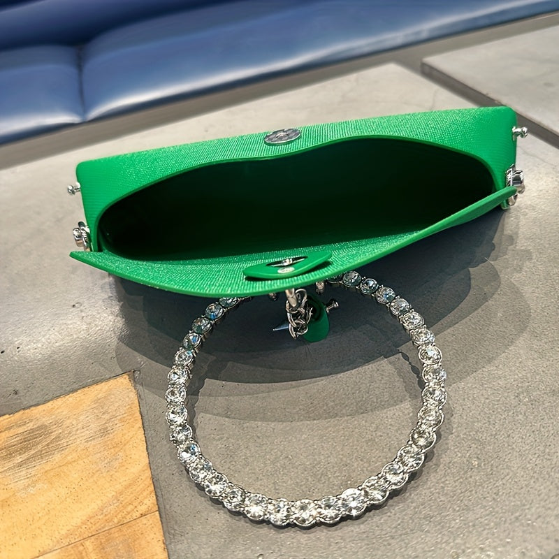 Women's Luxury Designer Clutch Handbag with Detachable Chain Strap & Closure - Synthetic Leather Rhinestone-Adorned White/Black/Green Evening Bag, Golden-Tone Hardware, Elegant Large Statement Purse for Parties, Weddin