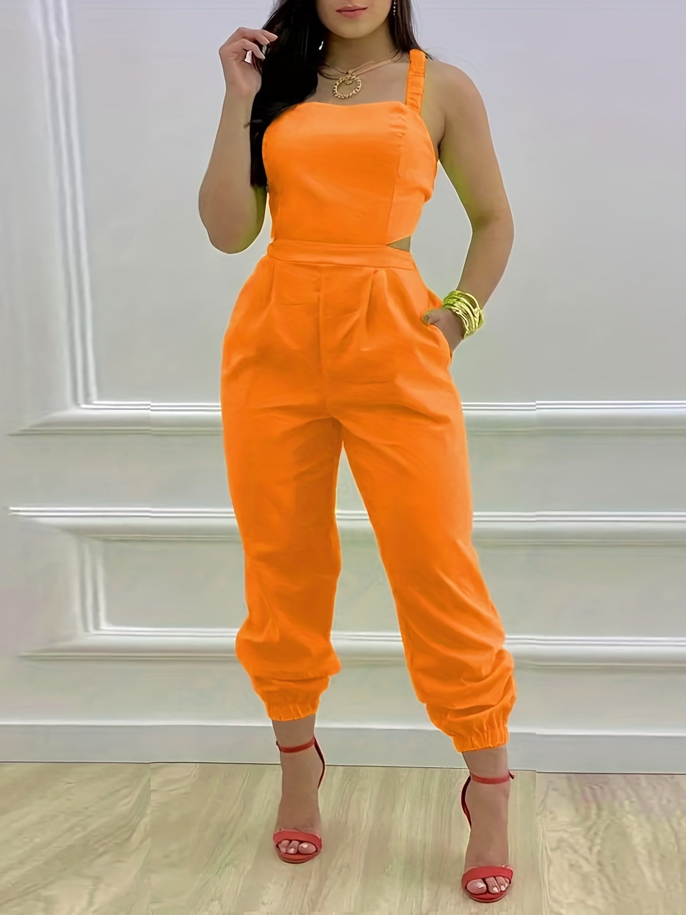 Chic Backless Jumpsuit with Slant Pockets - Casual Women's Wear