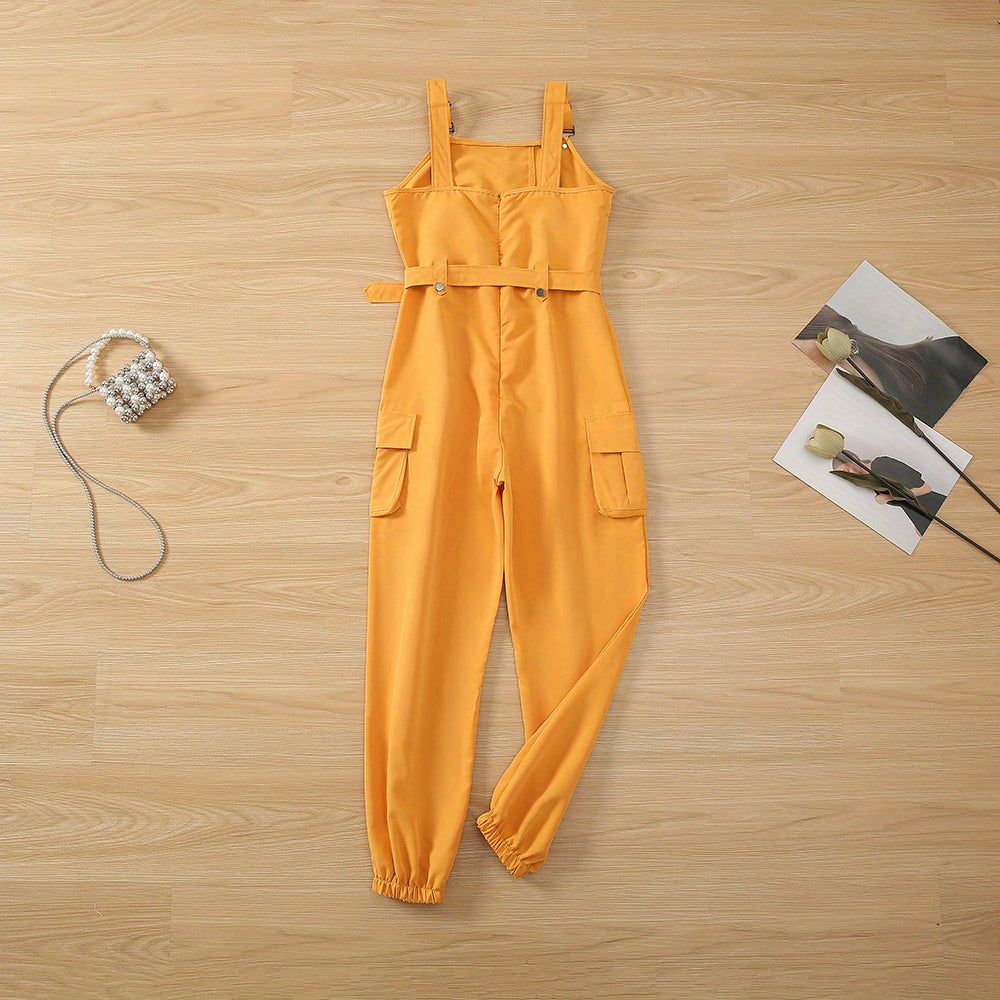 Flap Pockets Belted Overall Jumpsuit, Casual Overall Jumpsuit For Spring & Summer, Women's Clothing