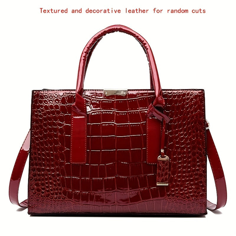 Crocodile Embossed Handbag - Women's Solid Color Shoulder Bag