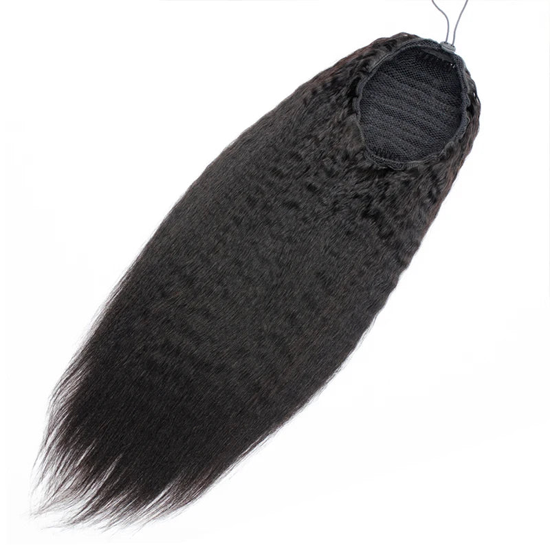 Kinky Straight Ponytail Human Hair Extension 100% Real Human Hair Wrap Around Drawstring In Ponytail Natural Black #1B For Women
