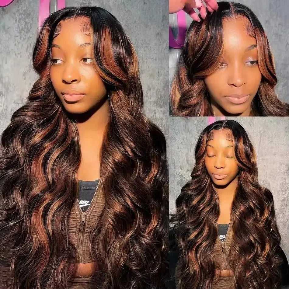 Linktowig Ombre Highlight 13x6 HD Lace Frontal Wigs Human Hair 30 Inch Body Wave 1B/30 Black Brown Brazilian 13x4 Lace Front Wig