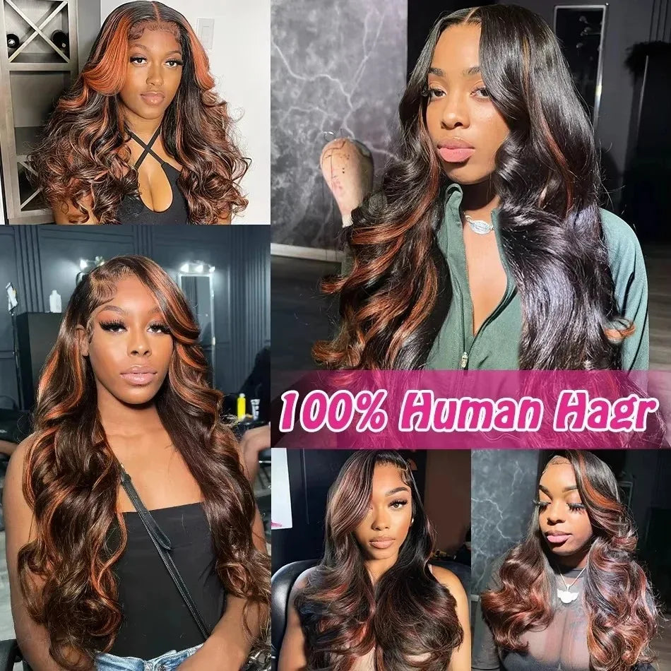 Linktowig Ombre Highlight 13x6 HD Lace Frontal Wigs Human Hair 30 Inch Body Wave 1B/30 Black Brown Brazilian 13x4 Lace Front Wig
