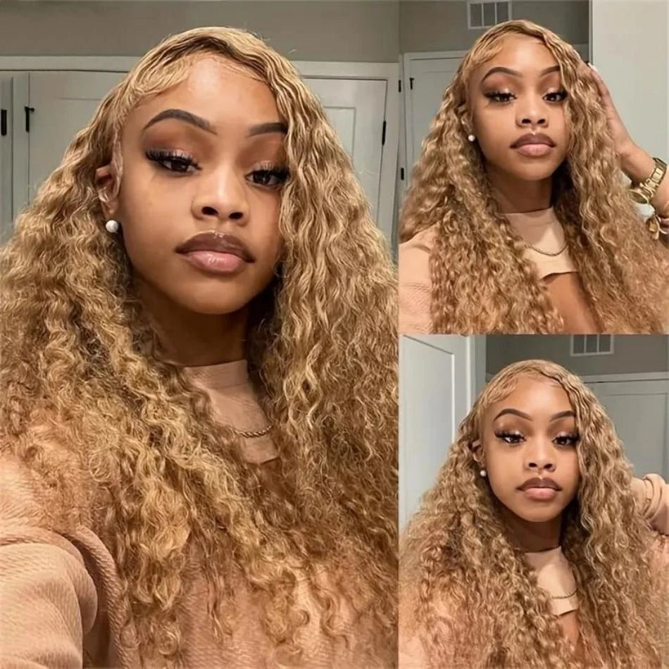 Curly Honey Blonde Human Hair Wig – 13x6/13x4 HD Lace Frontal, Pre-Plucked Brazilian Deep Wave Wig (30 Inch Long)