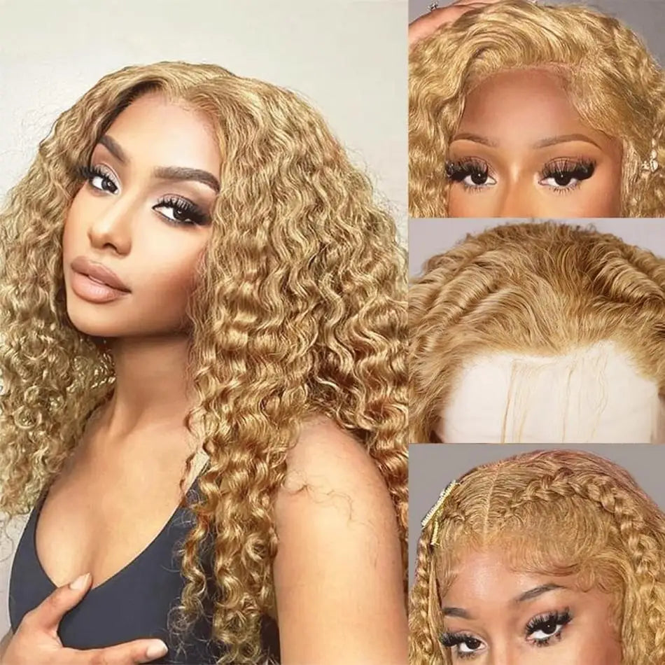 Curly Honey Blonde Human Hair Wig – 13x6/13x4 HD Lace Frontal, Pre-Plucked Brazilian Deep Wave Wig (30 Inch Long)