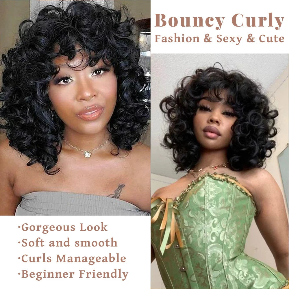 Short Curly Bob Wig with Bangs – 100% Brazilian Remy Human Hair, Glueless Machine-Made Afro Wig