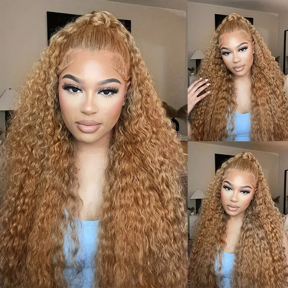 Curly Honey Blonde Human Hair Wig – 13x6/13x4 HD Lace Frontal, Pre-Plucked Brazilian Deep Wave Wig (30 Inch Long)
