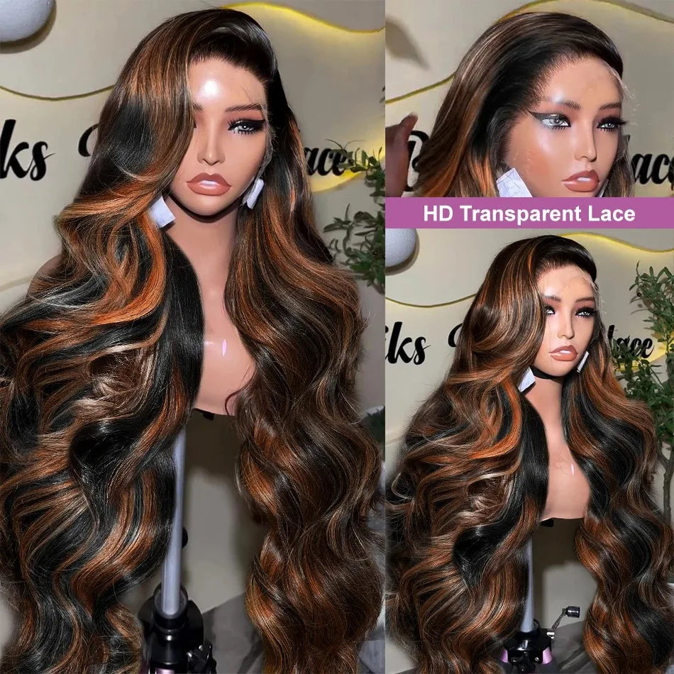 Linktowig Ombre Highlight 13x6 HD Lace Frontal Wigs Human Hair 30 Inch Body Wave 1B/30 Black Brown Brazilian 13x4 Lace Front Wig