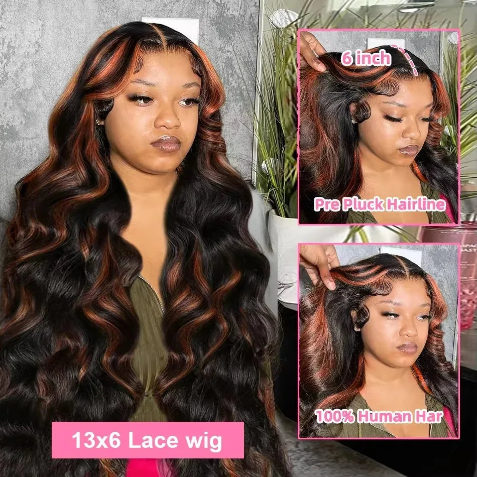 Linktowig Ombre Highlight 13x6 HD Lace Frontal Wigs Human Hair 30 Inch Body Wave 1B/30 Black Brown Brazilian 13x4 Lace Front Wig