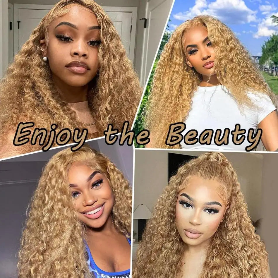 Curly Honey Blonde Human Hair Wig – 13x6/13x4 HD Lace Frontal, Pre-Plucked Brazilian Deep Wave Wig (30 Inch Long)