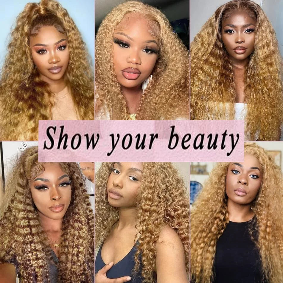 Curly Honey Blonde Human Hair Wig – 13x6/13x4 HD Lace Frontal, Pre-Plucked Brazilian Deep Wave Wig (30 Inch Long)