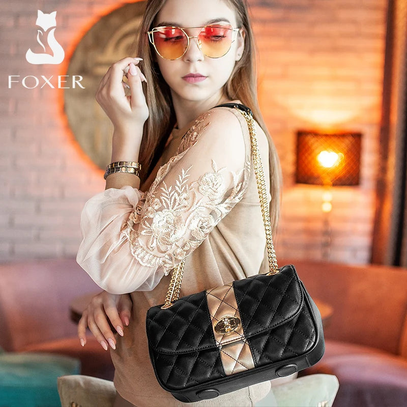 FOXER Women’s Diamond Lattice Crossbody Bag – Split Leather Shoulder & Messenger Handbag