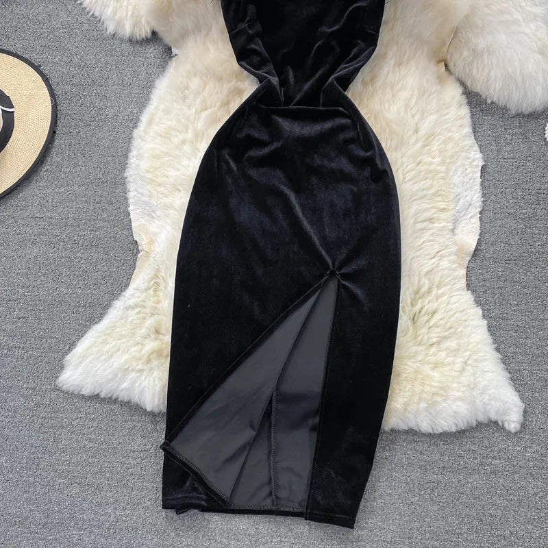 Gold Velvet Split Dress Tight Waist Show Thin Black Suspender Skirt Autumn and Winter New Narrow Casual Tank Dresses