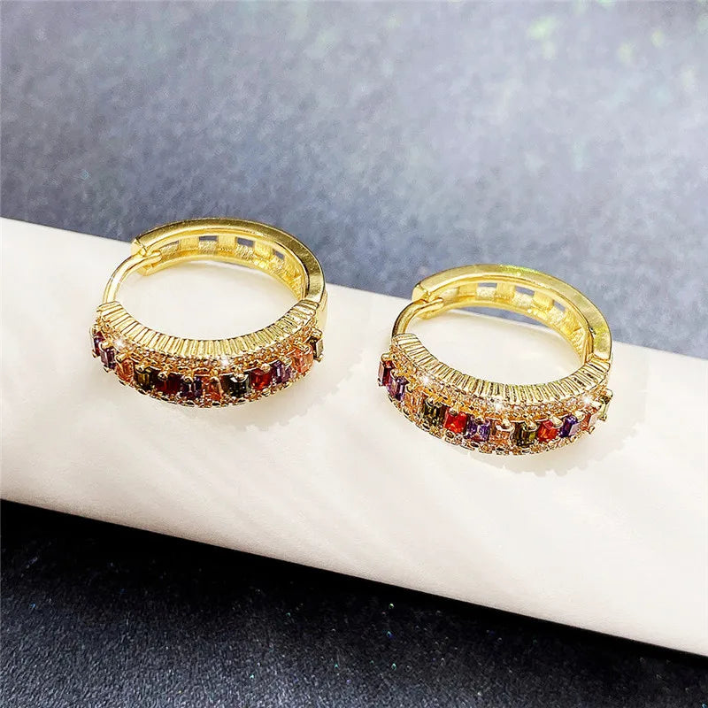 Huitan Gold Color Hoop Earrings for Women Luxury Inlaid Rainbow Cubic Zirconia Modern Girls Fashion Ear Accessories Hot Jewelry
