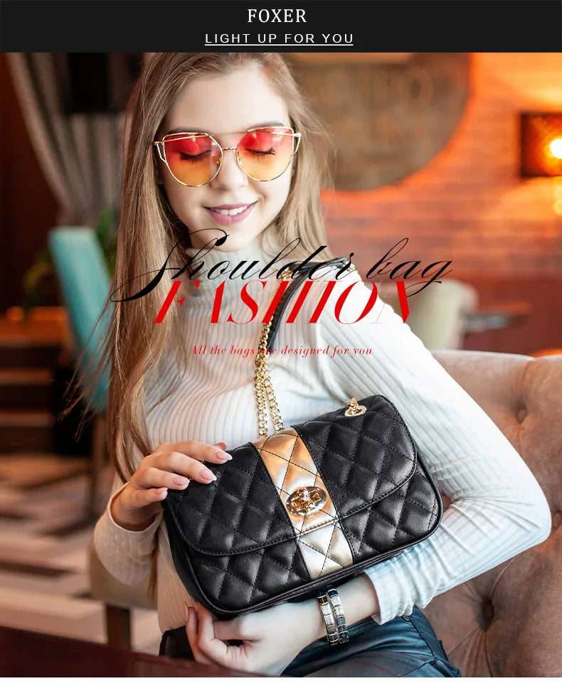 FOXER Women’s Diamond Lattice Crossbody Bag – Split Leather Shoulder & Messenger Handbag